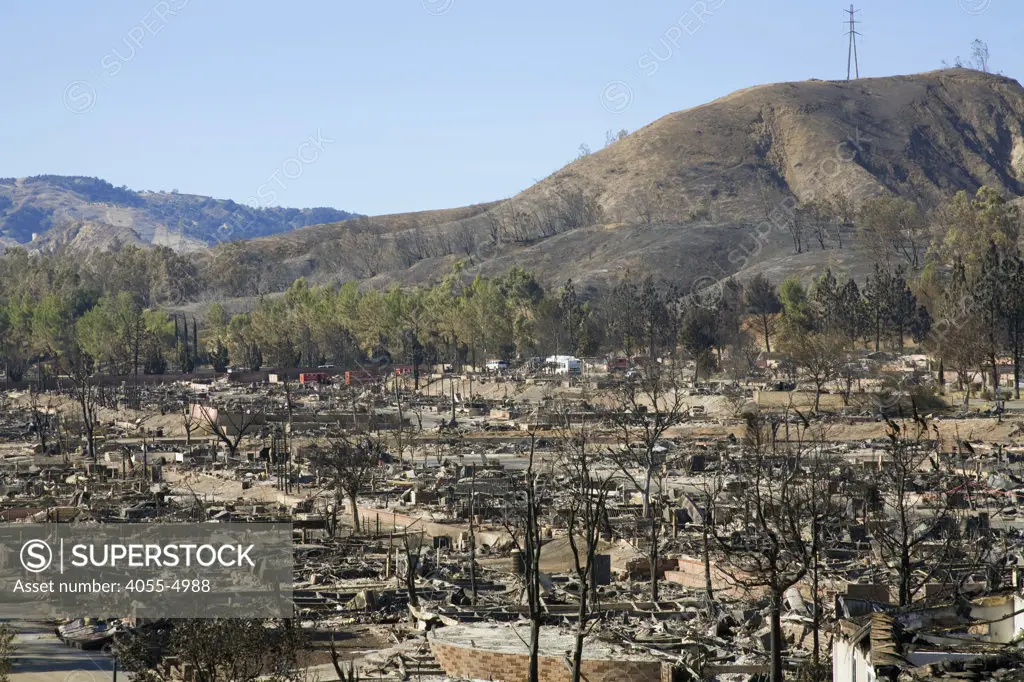 Oakridge Trailer Park devastated after Sylmar Wildfire in November 2008, California, USA