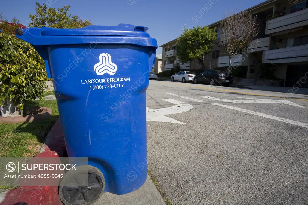 A Blue trash bin for the City of Los Angeles Bureau of Sanitations Solid Resources Citywide Recycling Program. The program collects refuse, recyclables, yard trimmings, and bulky items from more than 750,000 homes, an average of 6,652 tons per day.