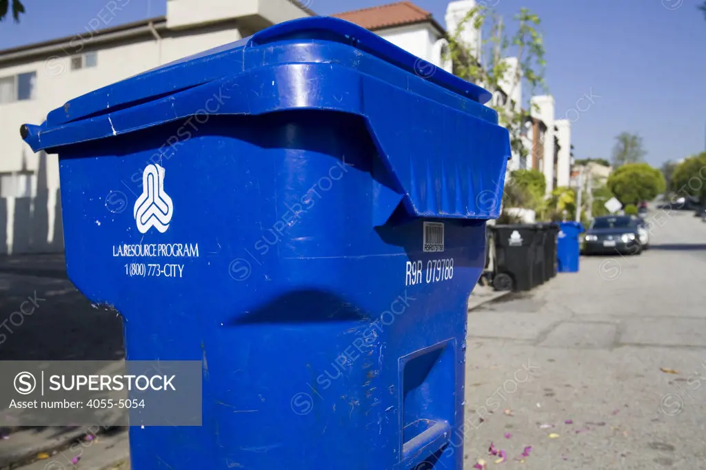 A Blue trash bin for the City of Los Angeles Bureau of Sanitations Solid Resources Citywide Recycling Program. The program collects refuse, recyclables, yard trimmings, and bulky items from more than 750,000 homes, an average of 6,652 tons per day.