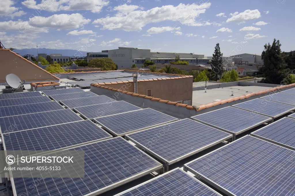 A roof mounted, grid tied Solar Voltaic solar panel array (24Kw) installed by Martifer Solar USA, on the roof of the West End Hotel in Culver City. California, USA