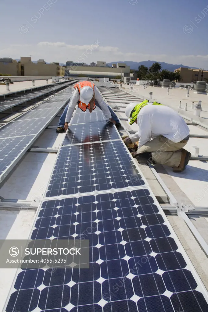 Installaion of Grid-tied solar array on roof of Big Blue Bus facilites, Installation by Martifer Solar USA, Santa Monica, California, USA