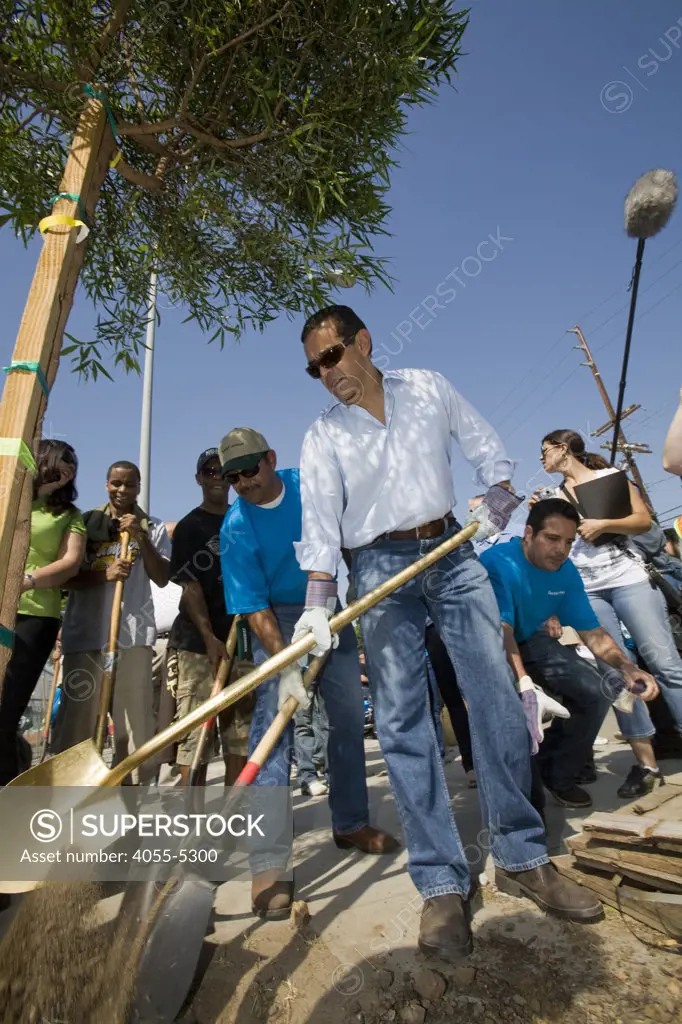 Mayor Antonio Villaraigosa at a tree planting along Mission Road in East Los Angeles, part of the Mayors Million Trees LA Initiative. Los Angeles, California