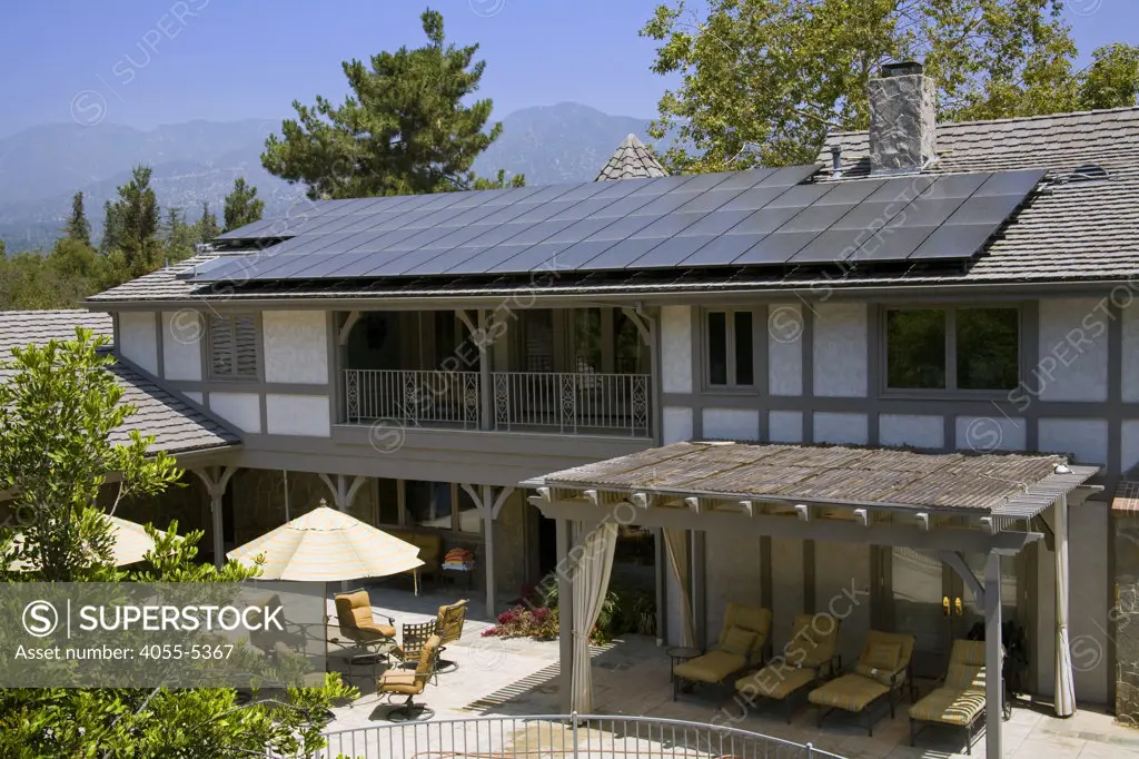 Residential home with solar array on roof, Installation by Martifer Solar USA. La Cañada, Los Angeles, California, USA