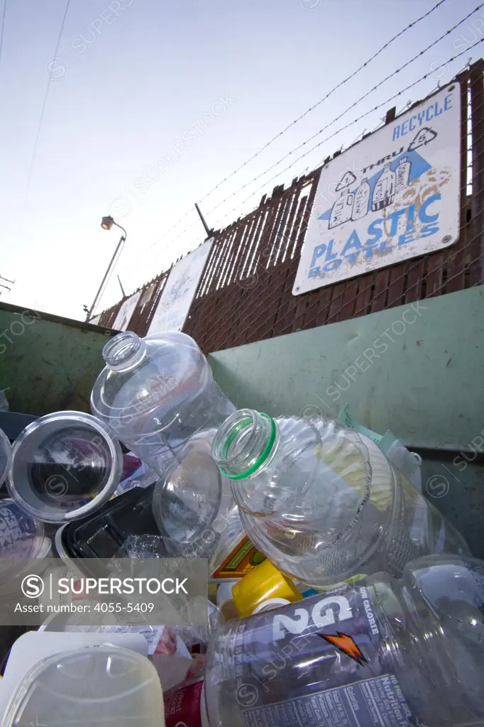 Plastic bottles in a recycling bin, Santa Monica, Los Angeles, California, USA
