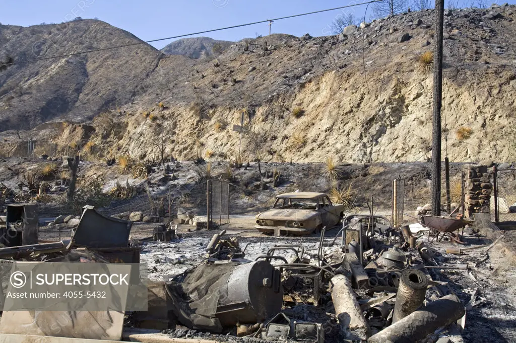 Houses and residential area devastated by Station fire, Sept 5 2009. Big Tunjunga Canyon Road, San Gabriel Mountains, Angeles National Forest, Los Angeles, California ,USA