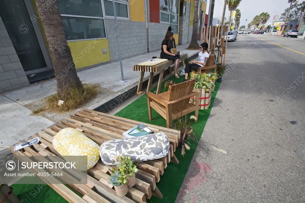 Dex Design Studio participates at the third annual Parking Day LA, was held on Friday, September 18th. To highlight the lack of park space in urban areas, community groups, design & architecture firms, professional organizations, non-profits, cyclists & pedestrian advocates all work together create a park for the day by occupying a parking space. Abbot Kinney Blvd, Venice, Los Angles, California, USA