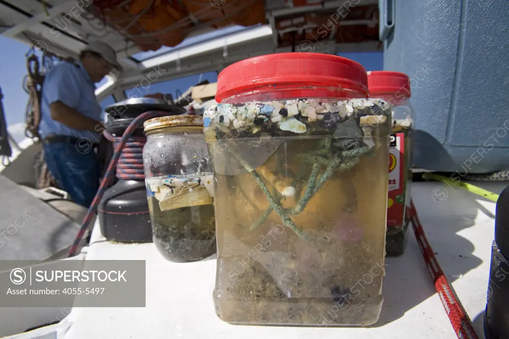 Plastic sample jars. The ORV Alguita returns to Long beach after four months at sea sampling the waters of the great Pacific garbage patch"" in the North Pacific Subtropical  Gyre (NPSG).