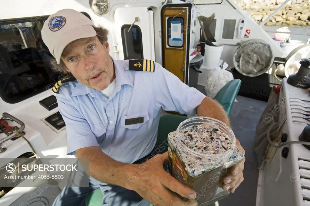 Captain Charles Moore, the man credited for first discovering the plastic soup in the Gyre over 10 years ago, showing plastic samples collected in the North Pacific Gyre.