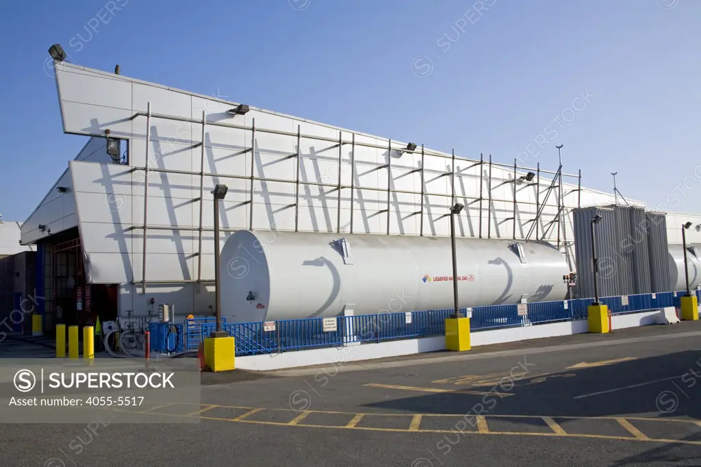 Liquified Natural Gas (LNG) refueling station at Big Blue Bus Terminal. Santa Monica, Los Angeles, California, USA