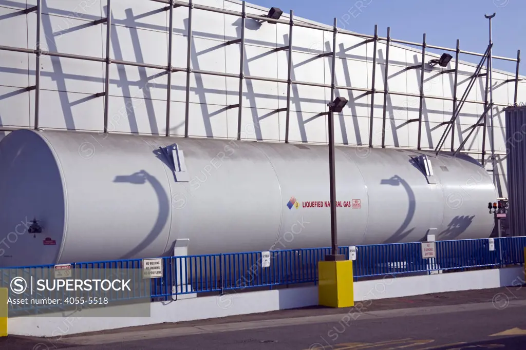 Liquified Natural Gas (LNG) refueling station at Big Blue Bus Terminal. Santa Monica, Los Angeles, California, USA