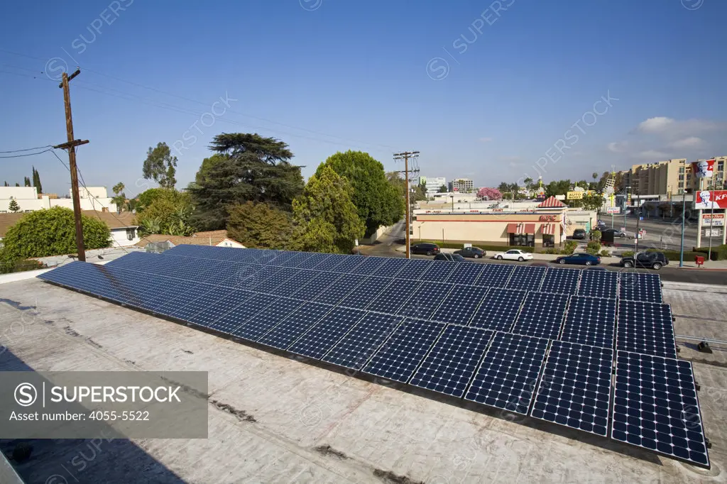 Solar Array on roof of Firestone Store, Installation by Martifer Solar USA, North Hollywood, Los Angeles, California, USA