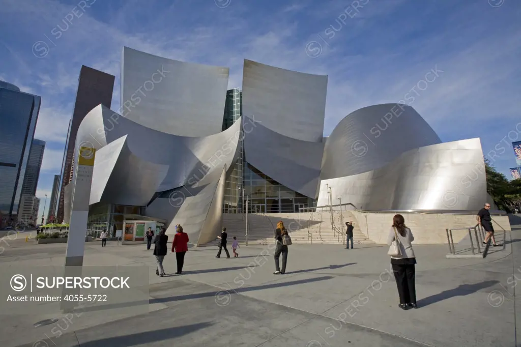 Tourists at Walt Disney Concert Hall by Frank Gehry, Los Angeles Music Center, Grand Avenue, Downtown Los Angeles, California, USA