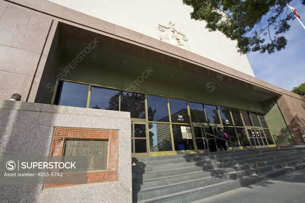 The Hill Street entrance to the Stanley Mosk County Courthouse which handled famous trials such the Charles Manson murders the O. J. Simpson murder case