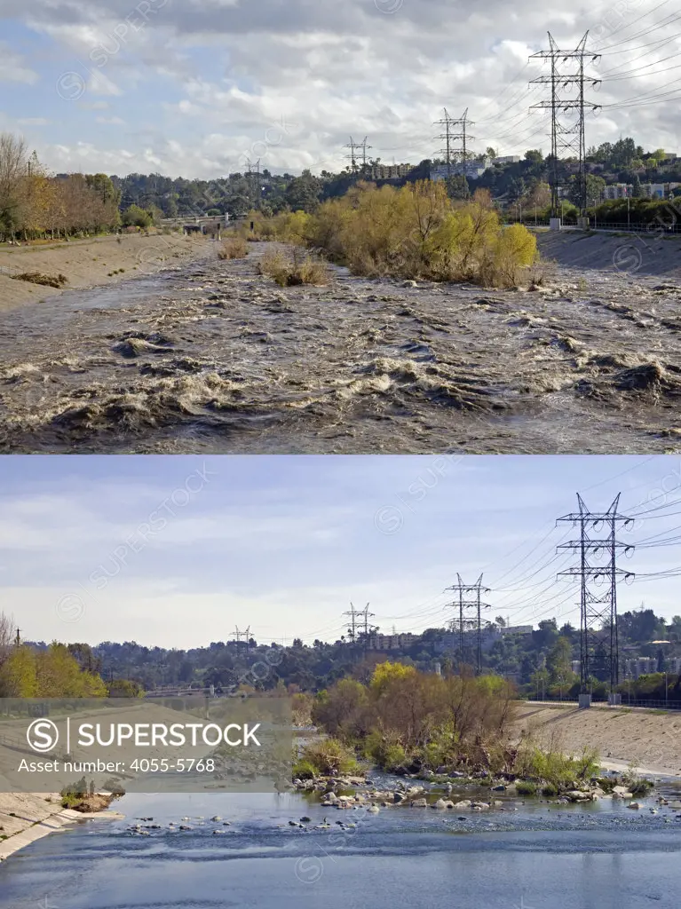 Los Angeles River showing normal flow and water levels and higher water levels during rainstorm. Glendale Narrow, Los Angeles, California, USA