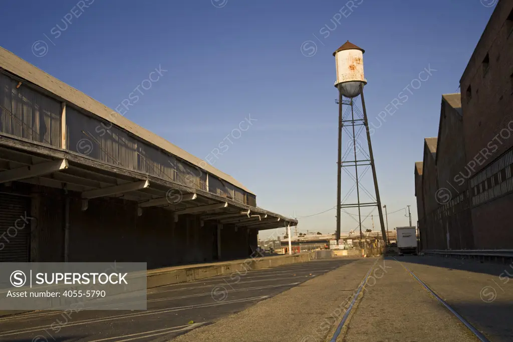 Old Water tower in train yards on Vernon. Located just a few miles from downtown Los Angeles, Vernon's official slogan is ""Exclusively Industrial"" and at the last census had a population of 91. Los Angeles, California, USA
