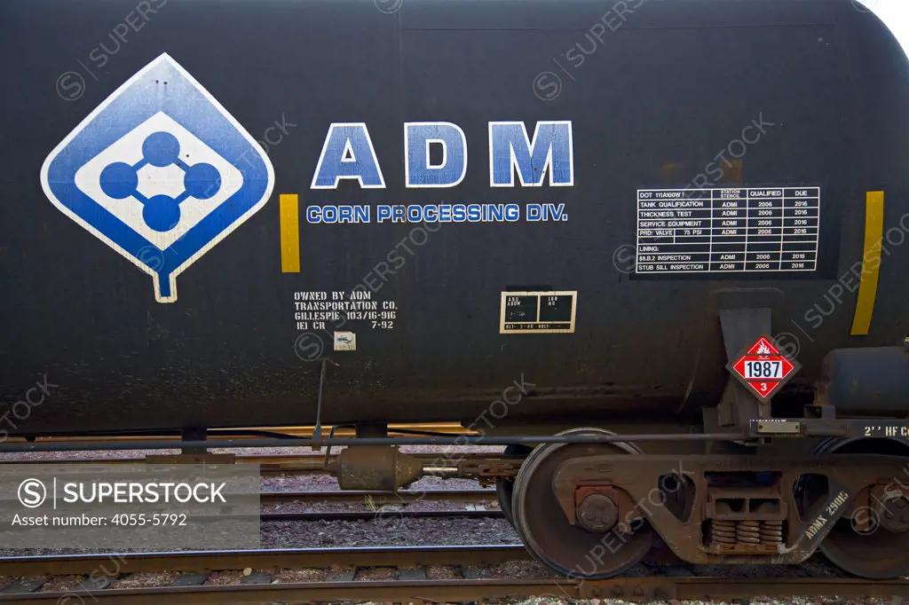 Archer Daniels Midland grain car in train yards in Vernon. Located just a few miles from downtown Los Angeles, Vernon's official slogan is ""Exclusively Industrial"" and at the last census had a population of 91. Los Angeles, California, USA