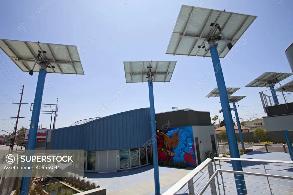 Solar panels in courtyard. The Council District 9 Neighborhood City Hall in South Central Los Angeles was designed by architect Paul Murdoch and incorporates many sustainable features into its design and is a Leed certified building.