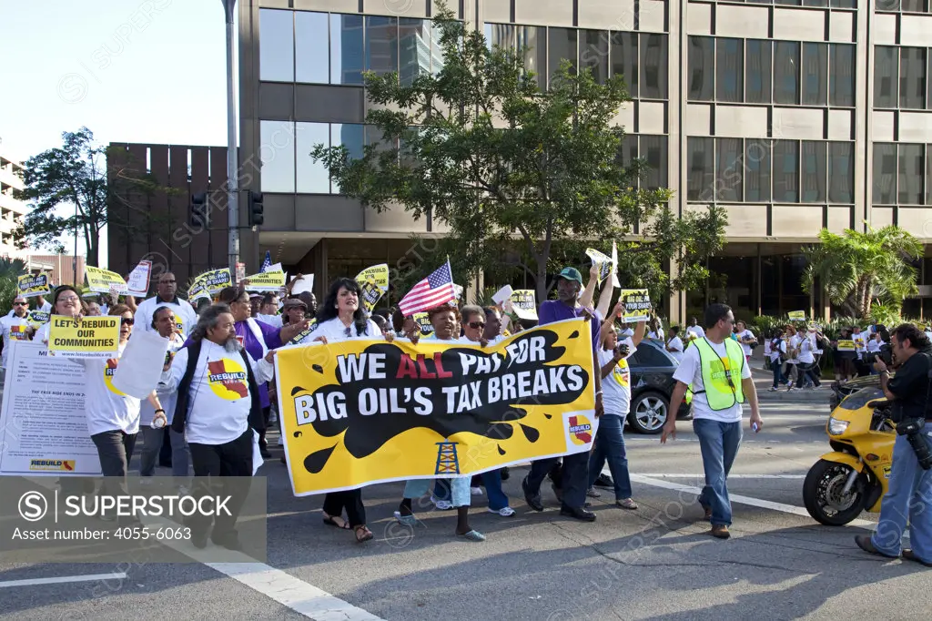 On July 22, 2010, over a thousand protesters marched to Occidental Petroleum offices in Westwood, Los Angeles to demonstrate against the California state loophole that allows oil companies to extract oil, tax free.