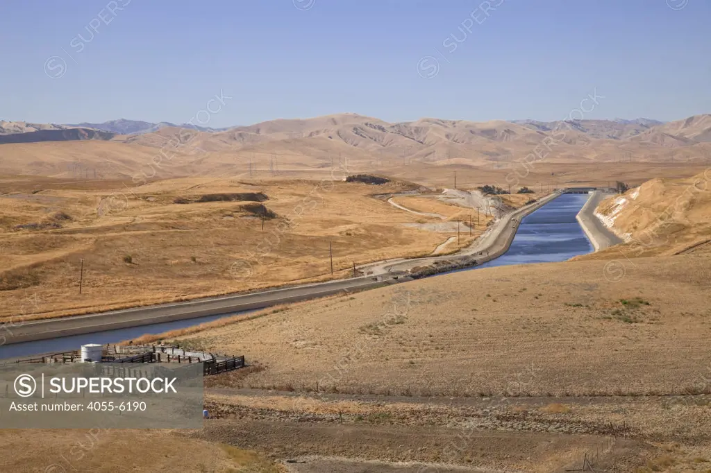 The California Aqueduct is the state's largest and longest water transport system, stretching 444 miles from the Sacramento-San Joaquin Delta in the north to Southern California, Central Valley, California, USA