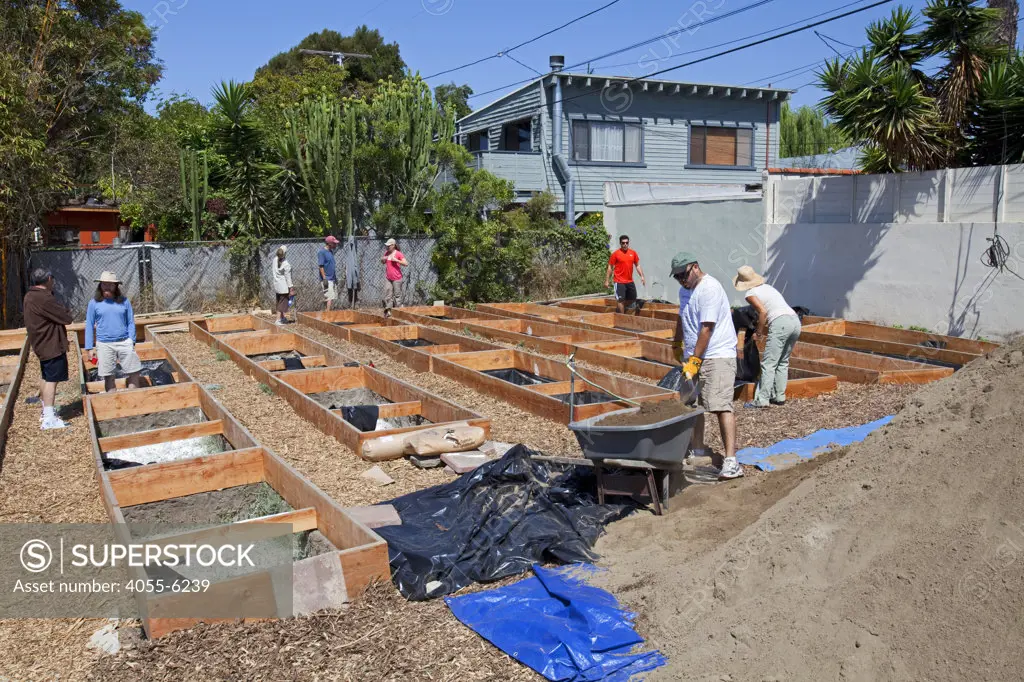 July 24, 2010. Final preparations are made to the planting beds at the Venice Community Garden. The 2 foot deep beds are layered with 3 inches of rocks as a buffer between the roots and the bad soil below, but will still allow water to drain.