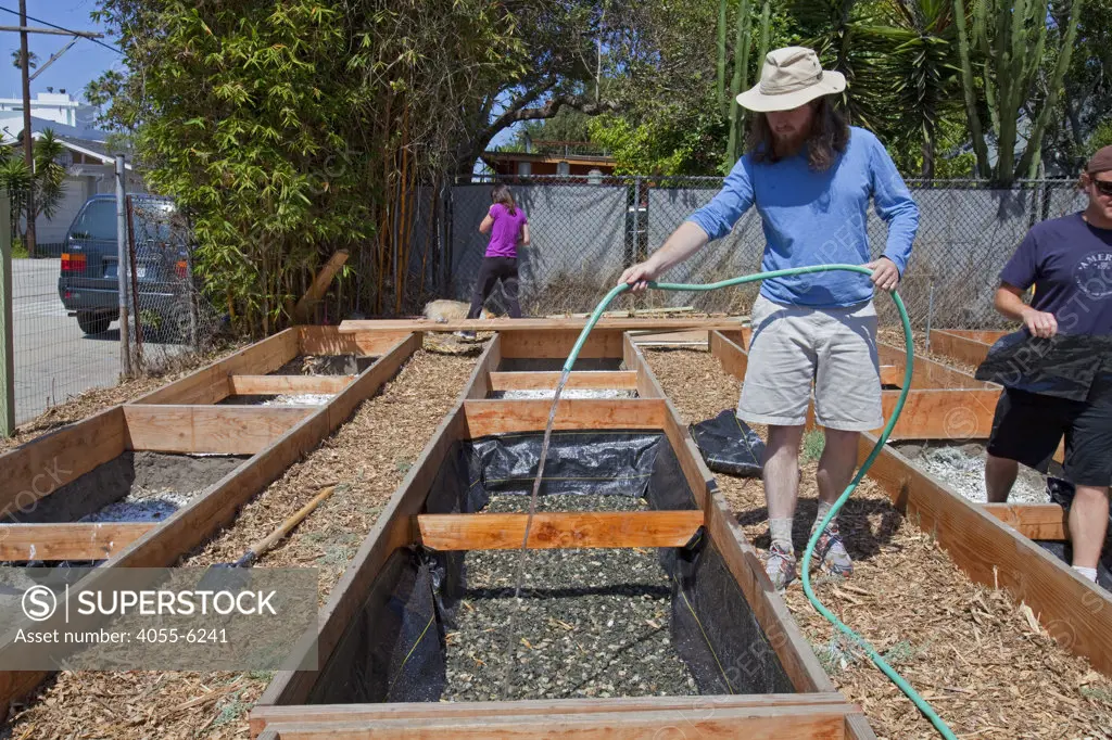 July 24, 2010. Watering the Gypsum for the final preparations of the planting beds at the Venice Community Garden. The 2 foot deep beds are layered with 3 inches of rocks as a buffer between the roots and the bad soil below, but will still allow water to drain.