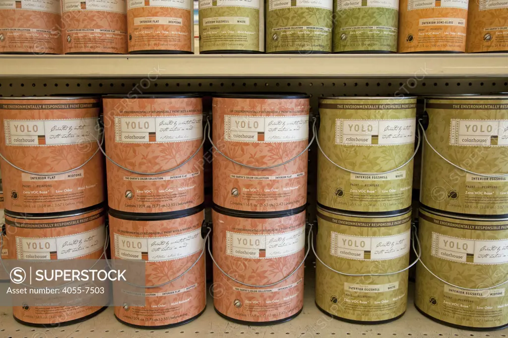 Environmentally friendly paints such as Yolo and Benjamin Moores Natura contain no VOC's (Volatile Organic Compounds) on shelf at Cox Paints in Culver City, California, USA