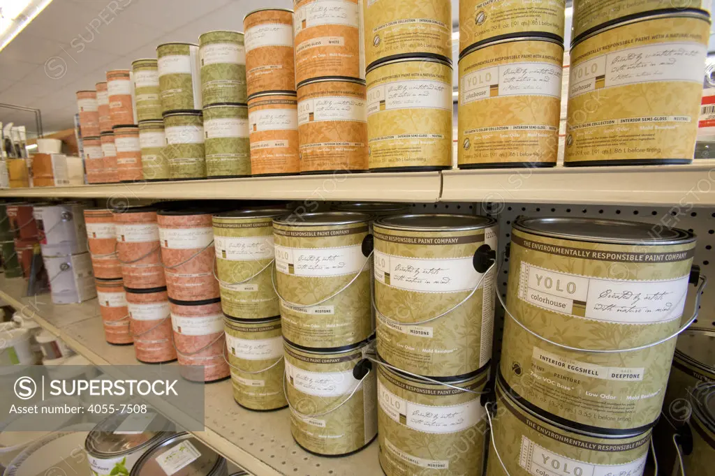 Environmentally friendly paints such as Yolo and Benjamin Moores Natura contain no VOC's (Volatile Organic Compounds) on shelf at Cox Paints in Culver City, California, USA