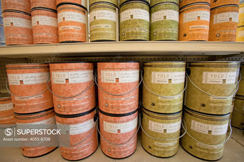 Environmentally friendly paints such as Yolo and Benjamin Moore Natura contain no VOC's (Volatile Organic Compounds) on shelf at Cox Paints in Culver City, California, USA