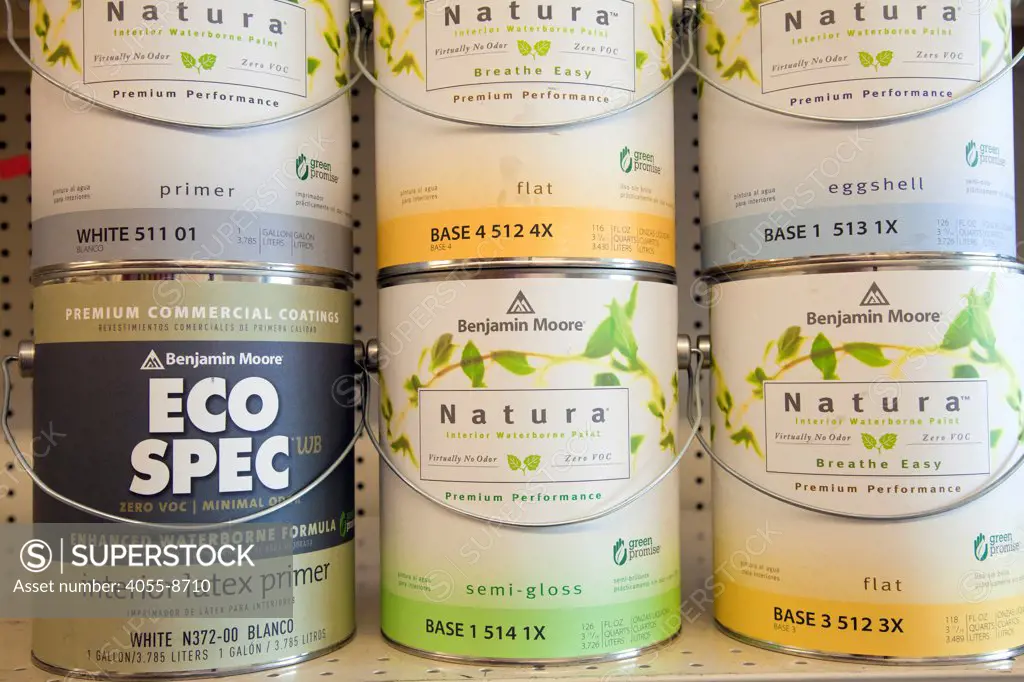 Environmentally friendly paints such as Yolo and Benjamin Moore Natura contain no VOC's (Volatile Organic Compounds) on shelf at Cox Paints in Culver City, California, USA