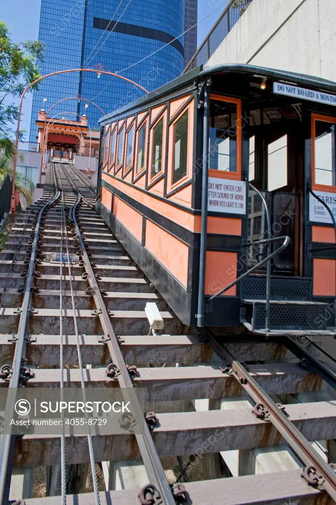 Angels Flight Funicular Railway runs between Hill Street and California Plaza, The fare is 25 cents and has two cable cars named Sinai and Olivet. Bunker Hill, downtown Los Angeles, California, USA