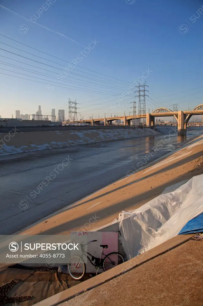 Homeless living next the Los Angeles River, Downtown Los Angeles, California, USA
