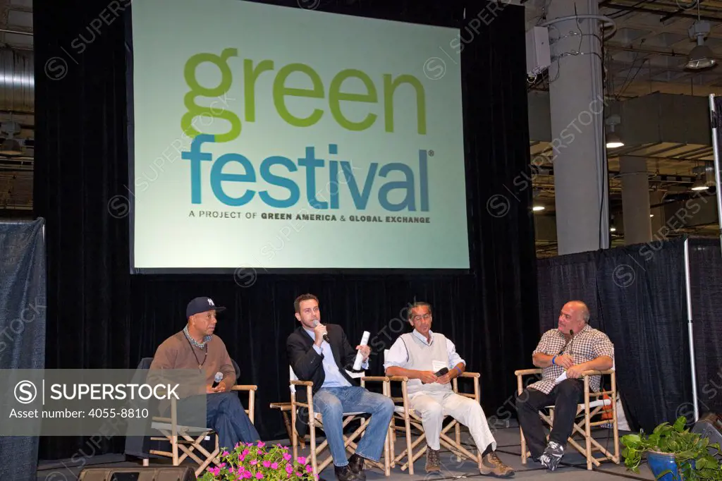 Russell Simmons speak on a panel along with journalist David DeGraw, Green Party founder Mike Feinstein and Steven Starr. The Los Angeles Green Festival was held on November 17, 2012 at the LA Convention Center.  The Festival featured hundreds exhibitors and community environamental organizations, dozens of speakers, demonstrations at do it yourself seminars and many activities for children and adults alike. Los Angeles, California, USA