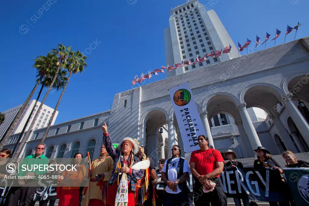 A climate change rally was held in Los Angeles on February 17, 2013 and drew hundreds of people to City Hall steps to hear speakers and organizers and their message for President Obama to take the nation ""Forward on Climate"", and say no to the Keystone XL pipeline.