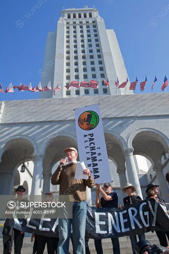 A climate change rally was held in Los Angeles on February 17, 2013 and drew hundreds of people to City Hall steps to hear speakers and organizers and their message for President Obama to take the nation ""Forward on Climate"", and say no to the Keystone XL pipeline.