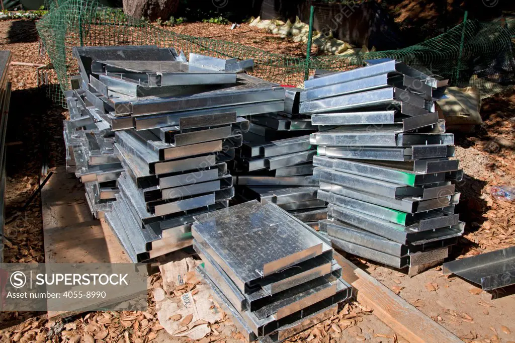 Piles of steel waiting to be used for framing and construction. On 2/13/2013 the steel framing continues to be assembled over the foundation on the Begley's new home. Studio City, California, USA