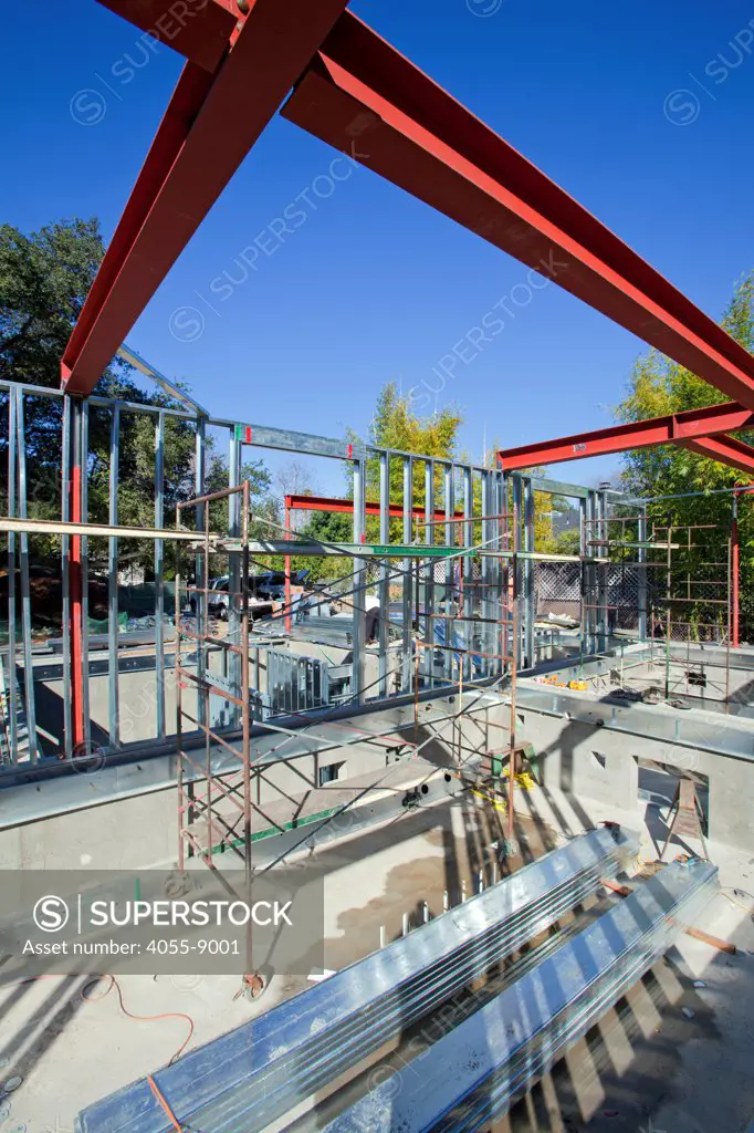On 2/20/2013 the steel framing continues to be assembled over the foundation on the Begley's new home. Studio City, California, USA