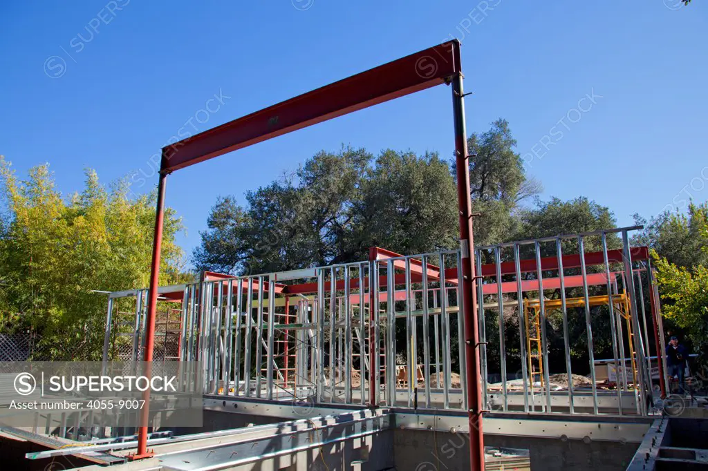 On 2/20/2013 the steel framing continues to be assembled over the foundation on the Begley's new home. Studio City, California, USA