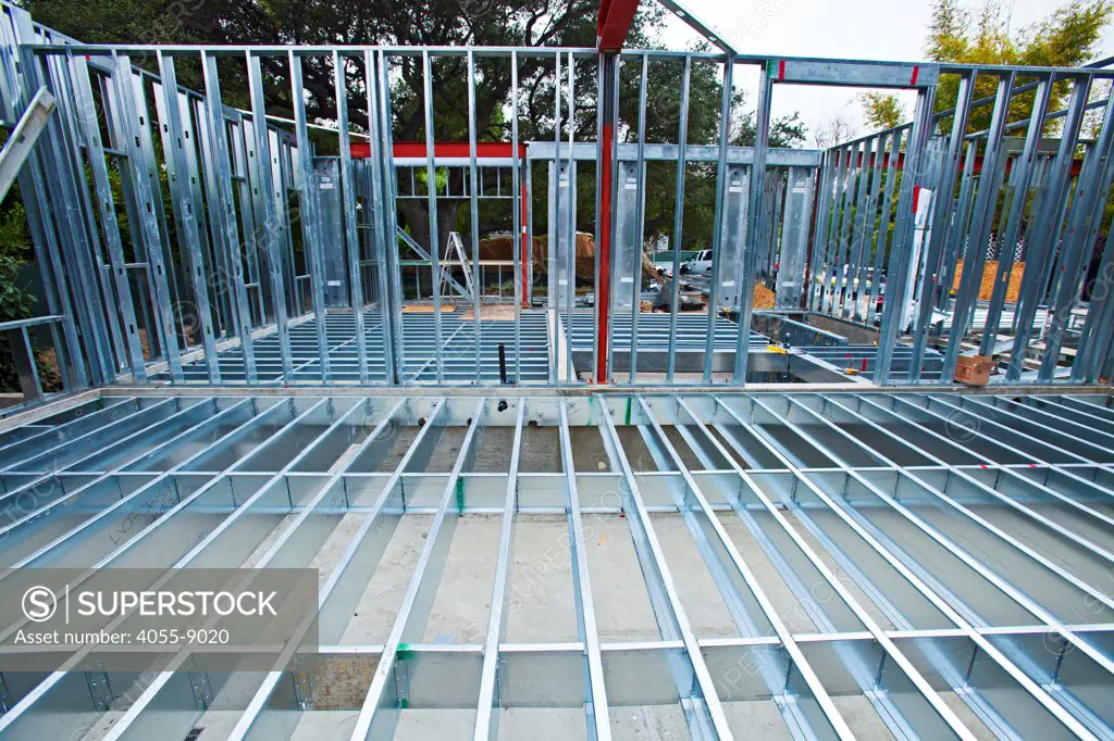 On 3/5/2013 the steel framing continues to be assembled over the foundation on the Begley's new home. Steel, while not a common material for residential framing, is 94% recyclable, has been milled locally for this project, and is a more sustainable choice than wood, which is typically used for residential building construction.