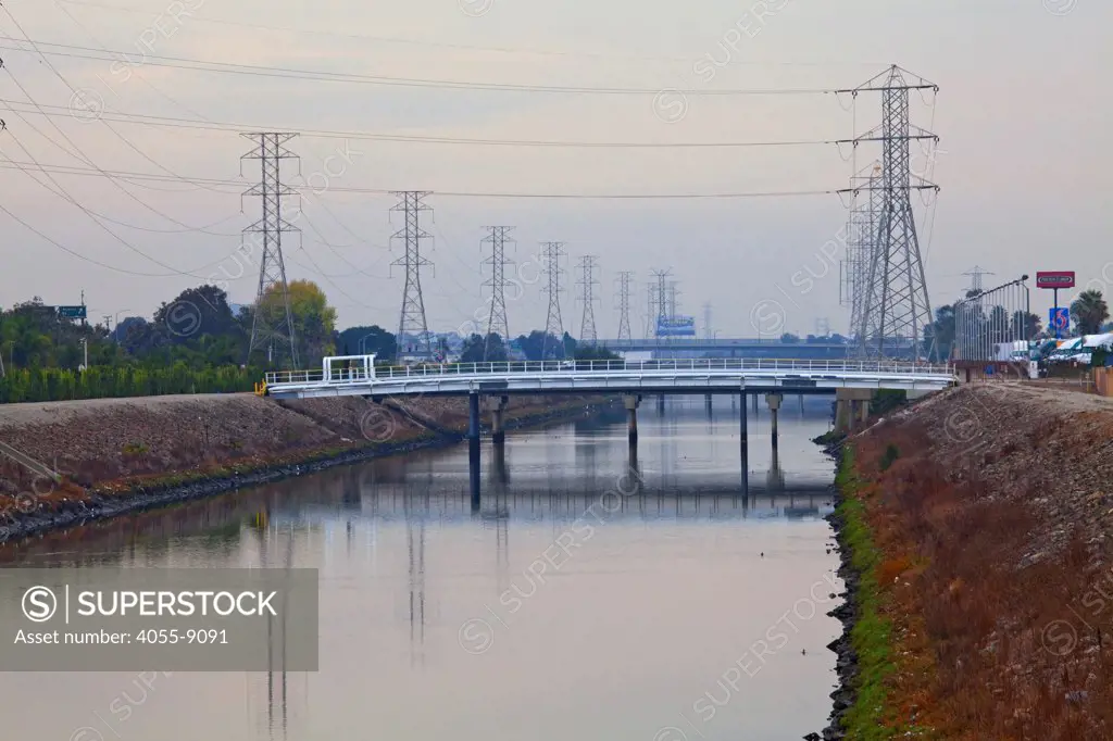 Dominguez Channel, a 15.7 mile stream that drains the Dominguez Watershed, going from its headwaters in Hawthorne and it emptying into the East Basin of the Port of Los Angeles. Carson, California, USA