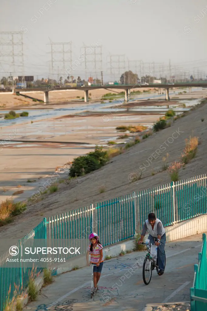 Bike path along Los Angeles River, Bell, Los Angeles County, California, USA