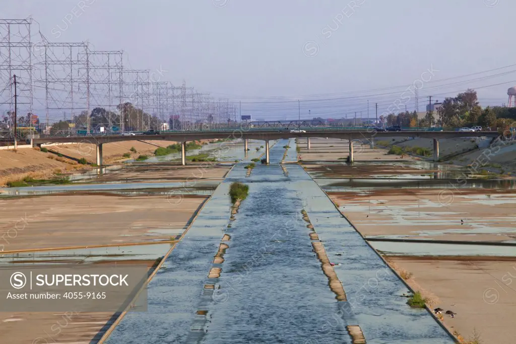 Los Angeles River looking south, Bell, Los Angeles County, California, USA
