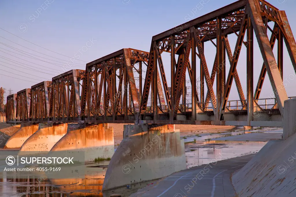 Train trestle bridge over Los Angeles River, South Gate, Los Angeles County, California, USA