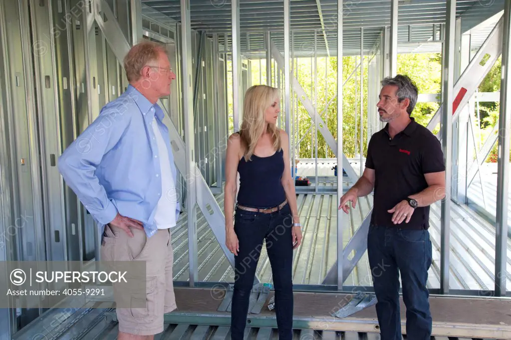 On 5/31/2013 Ed Begley Jr. and Rachelle Carson-Begley tour their new with home with General contractor Scott Harris from Building Construction Group after the steel framing was recently completed. Studio City, CA.