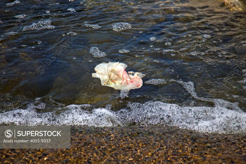 Plastic bag floating down the Los Angeles River, Glendale Narrows, Los Angeles, California