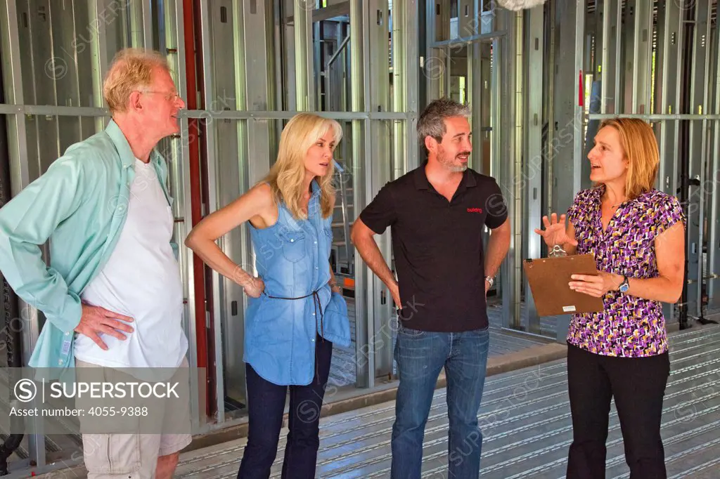 Ed Begley Jr., Rachelle Carson-Begley, general contractor Scott Rosen and LEED for Home rater Shellie Collier discuss how to achieve LEED points towards the Platinum rating the want for their new home. They are trying to build one of the Greenest homes in North America and are filming its construction for their new television series: On Begley Street. Studio City, Los Angeles, california, USA