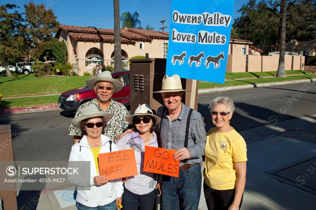 On November 11, 2013, Owens Valley residents at a Veterans Day mule train parade in Glendale, California that is the last leg of a commemorative artist action called ""One Hundred Mules Walking the Los Angeles Aqueduct"", which was a month long, 240 mile journey from Owens Valley to Los Angeles that commemorates the 100 year anniversary of the opening of the Los Angeles Aqueduct.