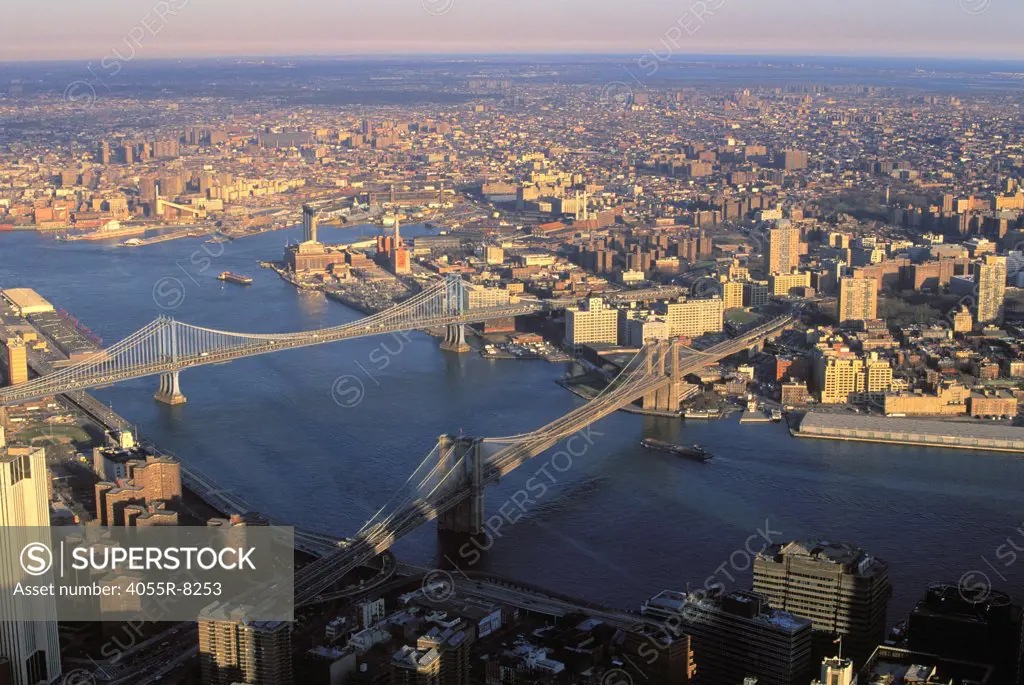 Brooklyn & Manhattan Bridge, Aerial, New York