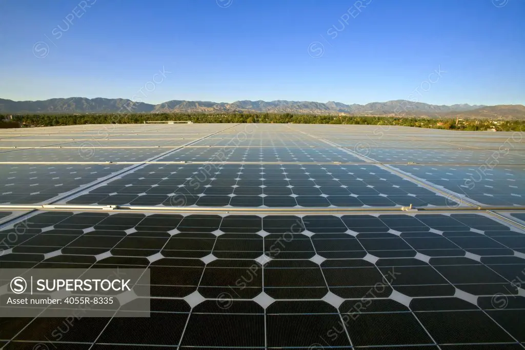 Array on rooftop  of office building in Panorama City, Installation by Martifer Solar USA, San Fernando Valley, Los Angeles, California, USA