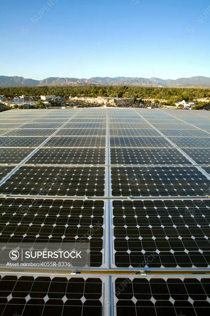 Array on rooftop  of office building in Panorama City, Installation by Martifer Solar USA, San Fernando Valley, Los Angeles, California, USA