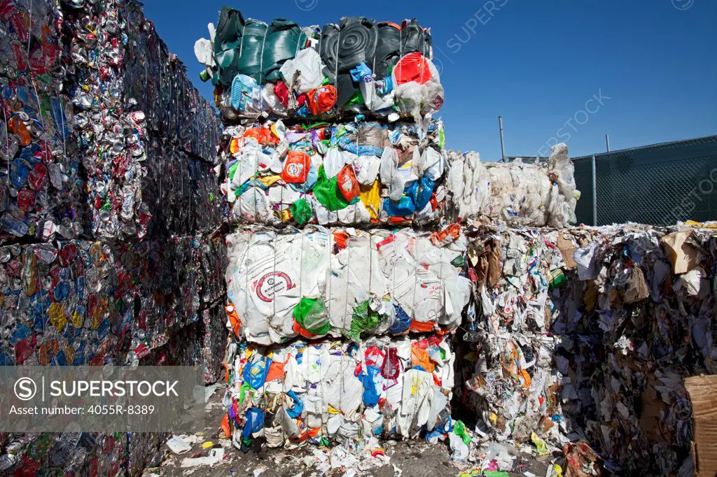 Stacks of High-density polyethylene (HDPE) bottles, recycliing symbol #2. Recycling Center, Los Angeles, California, USA